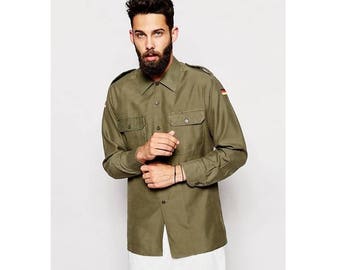 Vintage 1980s German army olive military shirt khaki jacket Bundeswehr
