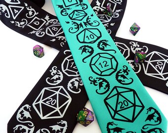 Dice and Dragons Necktie, DnD, RPG, D20 Dice, Dragon Men's Tie, Geek Tie, Mens Necktie, Gamer Gift, Gifts for Men - High Roller Necktie