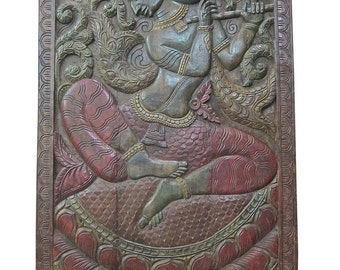 An Abode to Joy - Vintage Hand Carved Fluting Krishna Carving Wall Sculpture , Panel, Barn Door, Yoga, Meditation, Spiritual Zen Decor