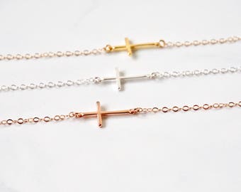 Gold Cross Bracelet, Sterling Silver Cross Bracelet, Rose Gold Cross Bracelet, Sideways Cross Bracelet