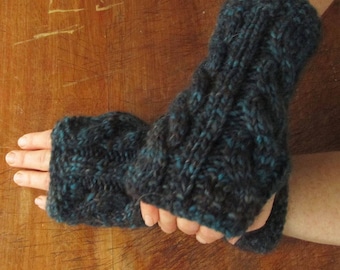 Cabled, blue wrist warmers, wool/alpaca/acrylic blend, Size L