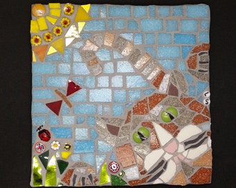cat chasing butterfly mosaic tile