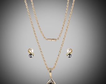 South Pacific black cultured pearl necklace & earrings set in 14k
