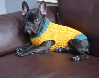 SHIPS TOMORROW - SALE - size medium - 100% Wool - Cable Knit Mustard and Jade Green Dog Sweater - Size Medium