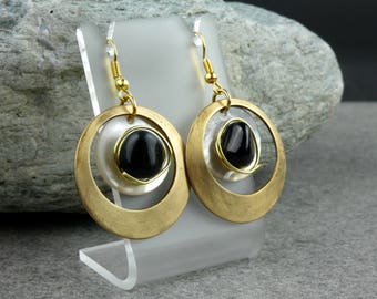 Obsidian Earrings, Obsidian, Shell & Brass Earrings