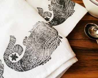 Black Fish Block Printed Flour Sack Kitchen Towel 28" x 32"