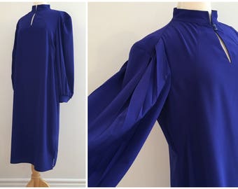 Vintage BRIGHT BLUE MIDI Dress/ 1980s Secretary Dress/Size Small-Medium