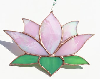 Stained Glass Suncatcher, Pink Lotus Flower, Sun Catcher, Meditation, Yoga Studio, Irridescent, Garden Art, Spiritual Art, Home Decor