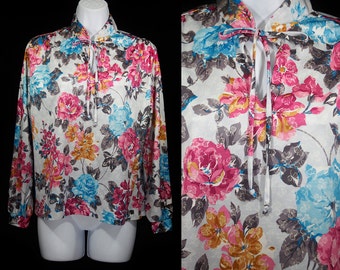 7 DOLLAR SALE---Vintage 80's Tie Neck Floral Shirt Top M/L