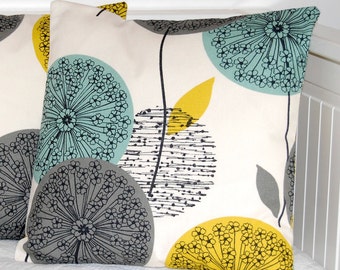 teal grey mustard yellow small throw decorative pillow cover, dandelion allium flower cushion cover 14 inch