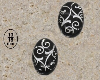 2 cabochon 13 X 18 mm resin silver scroll work print