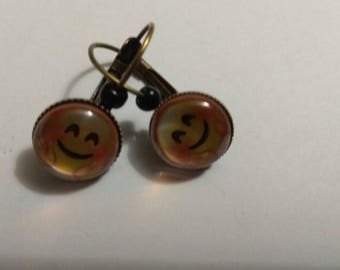 happy smiley face cabochon earrings, bronze metal