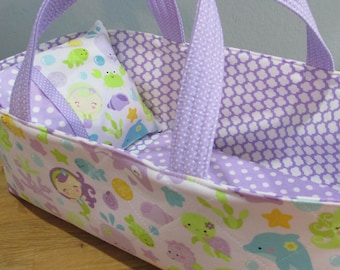 Doll Carrier, Under The Sea with Lavender Lining, 14 Inches Long, Doll Basket