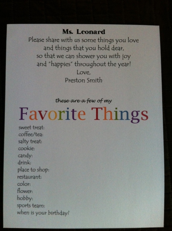 Items similar to Teacher "Favorite Things" Letter on Etsy