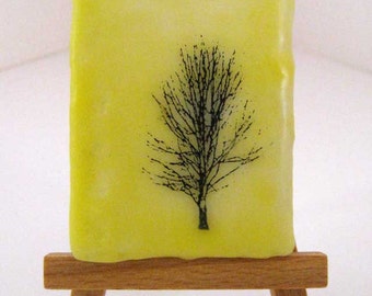 Miniature beeswax encaustic yellow tree collage painting