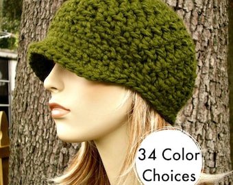 Olive Green Newsboy Hat Crochet Hat Womens Hat - Jockey Cap - Green Hat Green Beanie Crochet Newsboy Hat - Winter Hat - 34 Color Choices