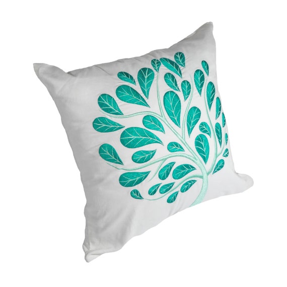 White Teal Floral Throw Pillow Cover White Linen Teal