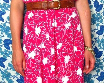 Fuchsia and White Mid Length Skirt Dress with Cuffed Sleeves