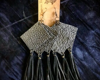 Handmade recycled black leather fringed gypsy earrings