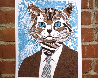 Business Cat - Handprinted Art Print 11x14