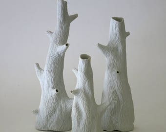 Porcelain faux carved white tree vase, large size, unglazed, faux bois