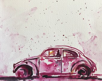 Original Watercolor, Volkswagen Bug Pink 5"x 7"