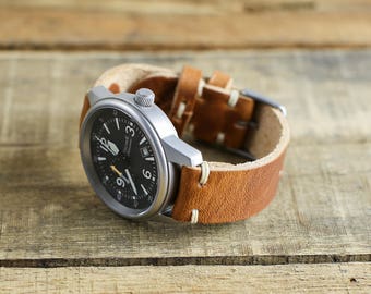 Leather Watch Band // Horween Leather Strap in English Tan - Brown Leather Custom Watch Band // Handmade Watch Strap // Thumbnail Buckle
