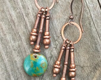 Green earrings, copper dangle earrings, drop earrings, boho earrings, boho jewelry, green jewelry