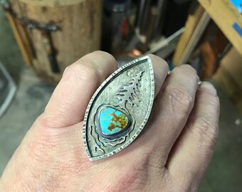 Root Embrace Large Sterling and Turquoise Statement Ring with John Muir quote.