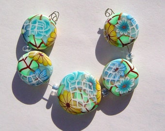 Turquoise Floral Window Artisan Polymer Clay Bead Set with Focal and 4 Beads