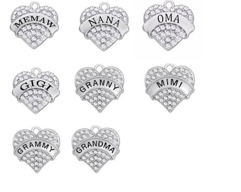 Grandma Rhinestone Heart Charm, Grandma Charm, Granny Charm, Memaw Charm, Gigi Charm, Nana Charm, Mimi Charm, Grammy Charm, Oma Charm, RC#1