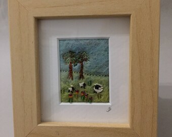 Small wet felted picture, Landscape with Sheep