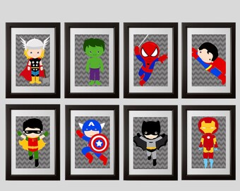 Superhero Nursery wall PRINTS, high quality prints, set of 8 - 8x10 inch, shipped to your door, high quality prints, gray modern chevron