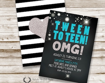 Thirteenth Birthday, Tween to Teen Invitation, 13th birthday invitation, Teenager, Teal and Black, Birthday Party, DIGITAL FILE ONLY