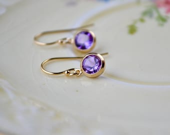 Tiny amethyst drop earrings in gold fill settings - February birthstone jewellery - UK gifts