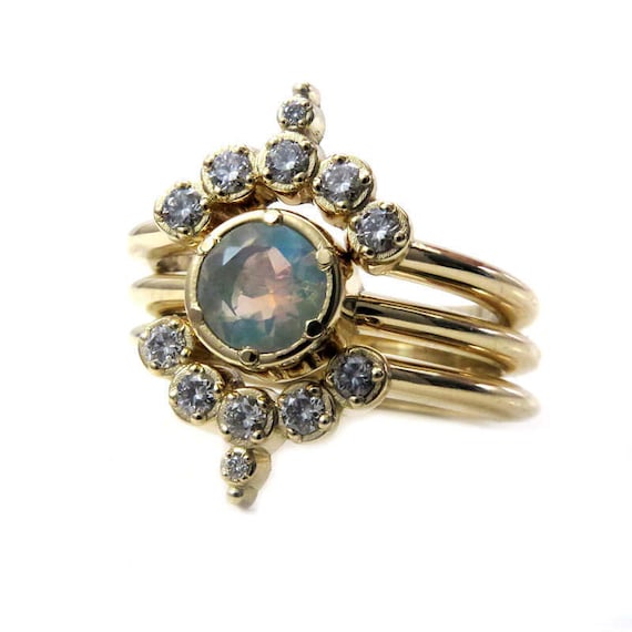Opal and Diamond Engagement Ring Set - Gold Nesting Wedding Rings - Modern Boho
