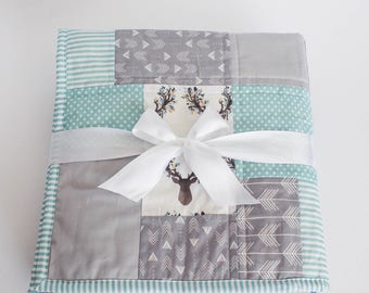 Baby Boy Quilt, Baby Quilts Handmade, Turquoise, Blue and Gray, Antlers & Arrows, Baby Boy Bedding, Woodland Nursery, Baby