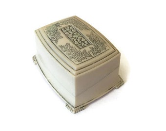 Vintage Celluloid Ring Box Double Wedding Engagement Art Nouveau Deco 1930s 1940s White Flowers Carved