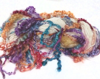 Handspun Art Yarn hand spun Merino wool & handdyed Wensleydale locks, curly yarn, tailspun, textured, curls