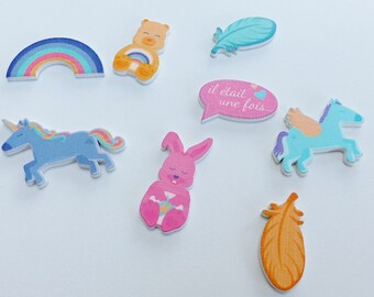 8 embellishment wooden Unicorn Rainbow feather bear Bunny