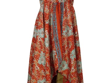 Gypsy Hippie Chic Summer Recycled Vintage Silk Sari Halter Dress Floral Print Midi Dresses