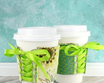 Beverage Corset Cozy // Flowers and Polygons Cup Cozy // reversible // adjustable // flowers // floral gifts // gifts for women