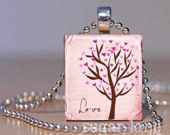 Flutter Hearts Tree Necklace - (Pink, Brown) - Scrabble Tile Pendant with Chain