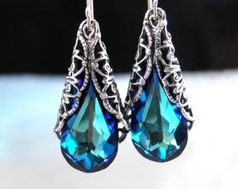 Ocean Blue Earrings, Swarovski Earrings, Blue Crystal Earrings, Blue Teardrop, Antique Silver Earrings Teal Green Blue Drop Dangle Earrings