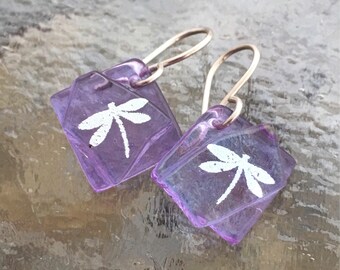Small Completely Translucent Lavender Fused Glass & Silver Dragonfly with Sterling Silver Hooks