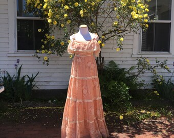 1970s Gunne Sax Style Peach Floral Prairie Dress Medium