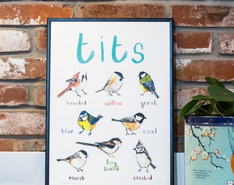 Tits A3 Print - Hand illustrated British garden birds - cheeky bird print - wordplay - DP01A3