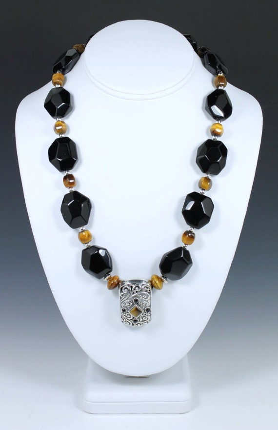 Black Onyx and Raku Bead Necklace, Onyx Necklace
