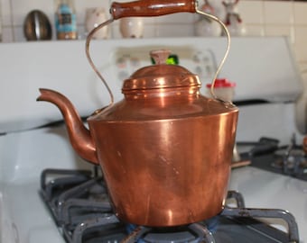 Copper Kettle, Tea Pot, Rustic Copper Tea Kettle, French Country, Farmhouse Decor, Vintage Kitchen Cottage Chic French Wood Handle
