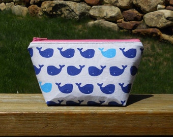 Extra Small Makeup Bag, Blue Whales on White, Blue Whale Makeup Bag, Whale Bag, Whale Cosmetic Bag
